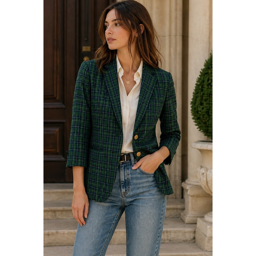 Vintage Silk Plaid Blazer Green Preppy‎ Academia Gold Button Jacket size 12